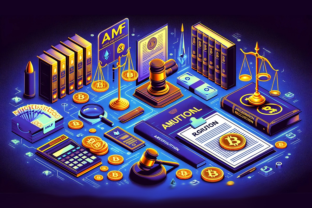 Graphique illustrant les actions de l'AMF contre Bybit, Kucoin et Bitget avec des éléments visuels de régulation financière et de cryptomonnaies.