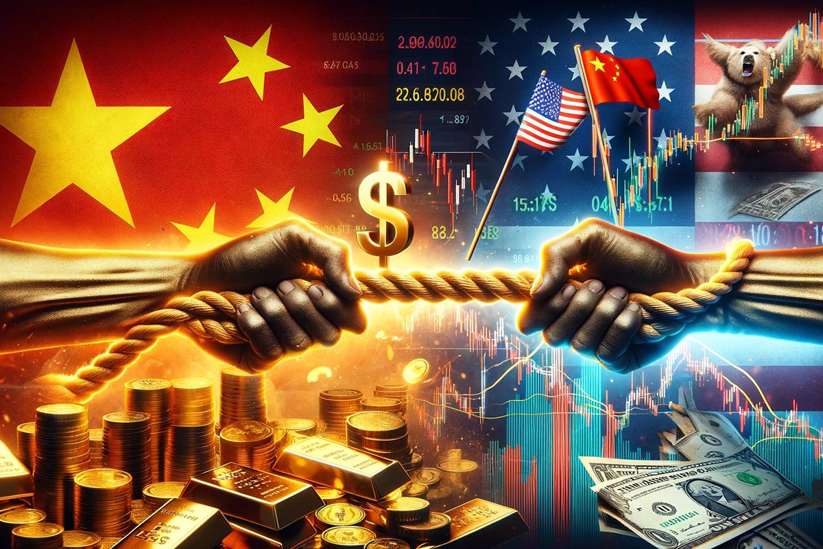 Représentation graphique de la guerre économique entre la Chine et les États-Unis, illustrant la dédollarisation et l'augmentation des réserves en or et en yuan.