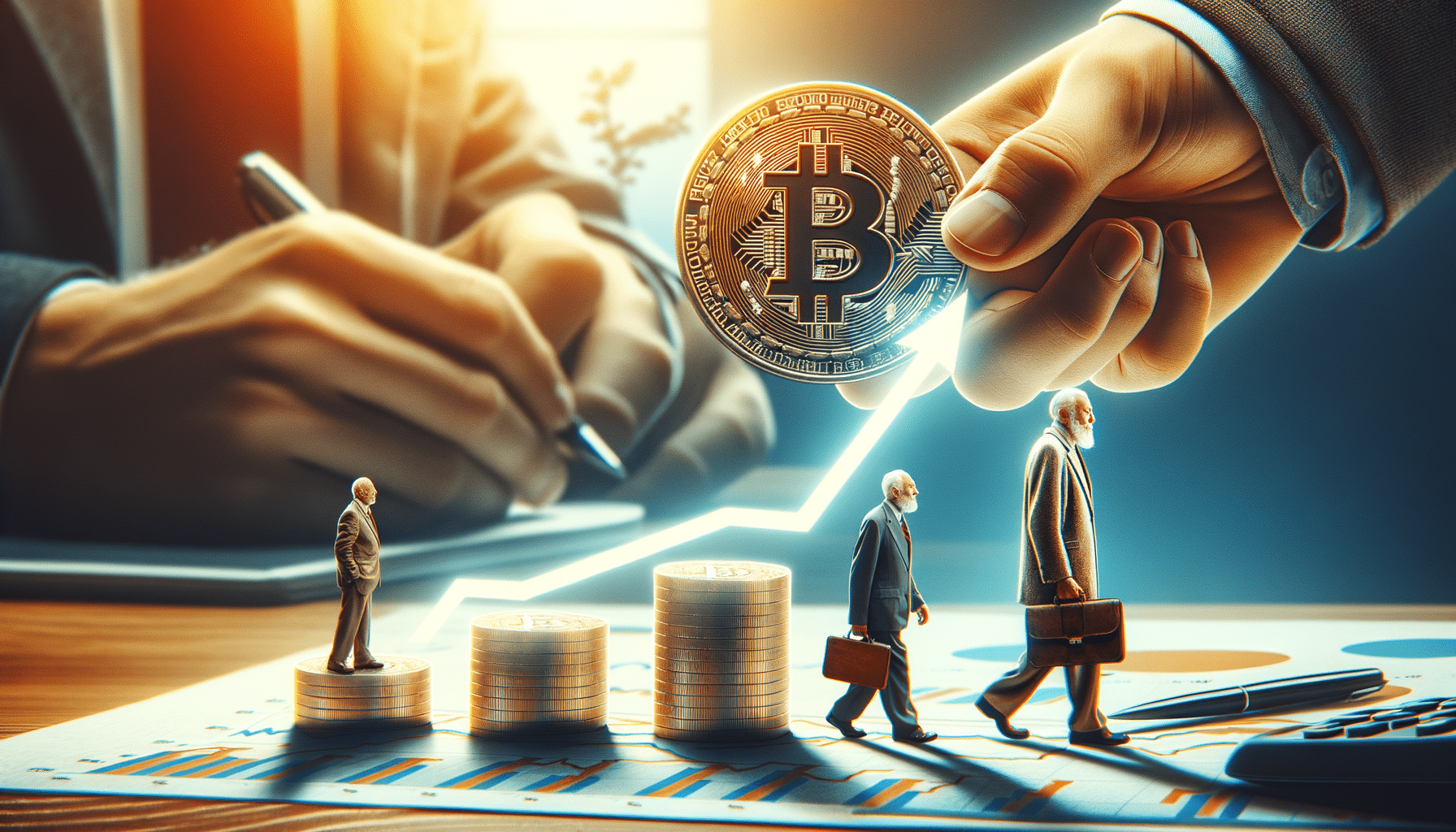 Logo de Vanadi sur fond de chute des actions et de montée de Bitcoin