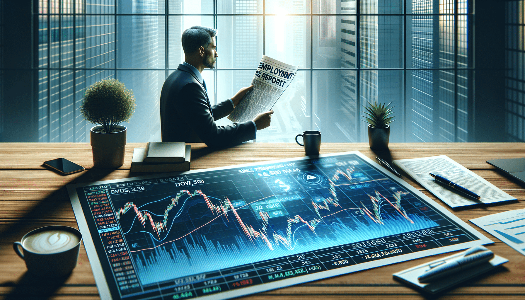 Graphiques boursiers indiquant la progression du Dow, S&P 500, Nasdaq