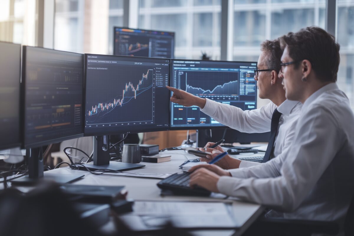 Deux analystes examinent des flux crypto sur écrans en bureau