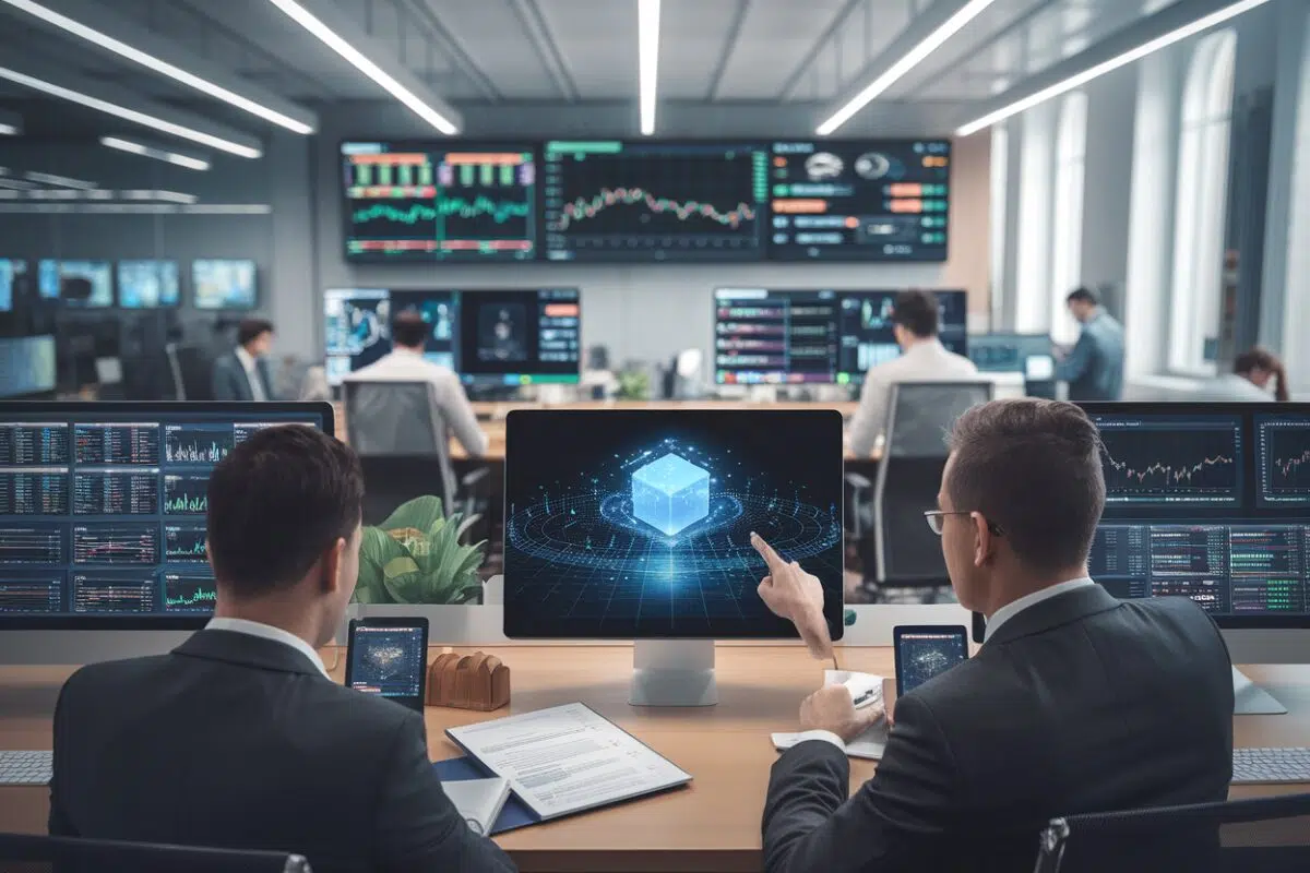 Rebond du marché NFT en salle de marché Deux analystes suivent volumes NFT et domination Ethereum sur écrans floutés