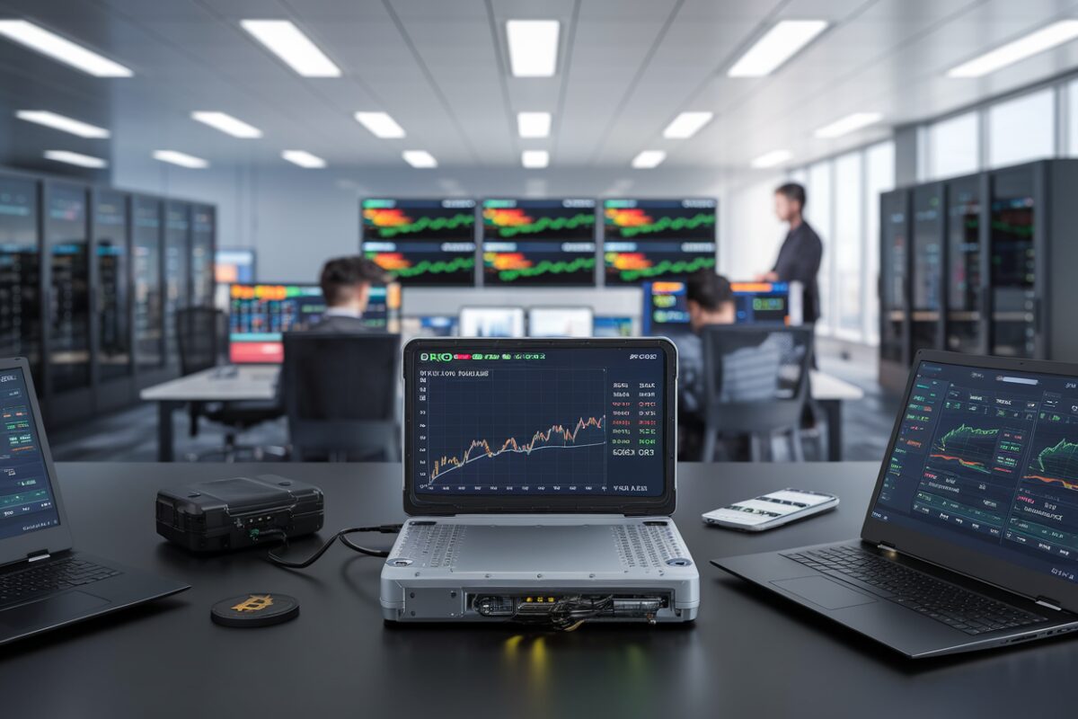 Deux professionnels utilisent une application wallet crypto sur ordinateur sécurisé