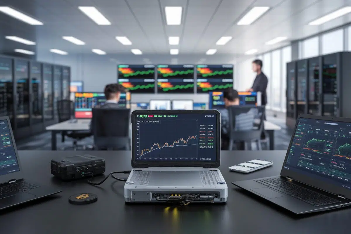 Ledger Wallet sur poste de trading Deux professionnels utilisent une application wallet crypto sur ordinateur sécurisé