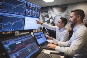 Deux analystes surveillent des écrans de marché crypto en salle de trading