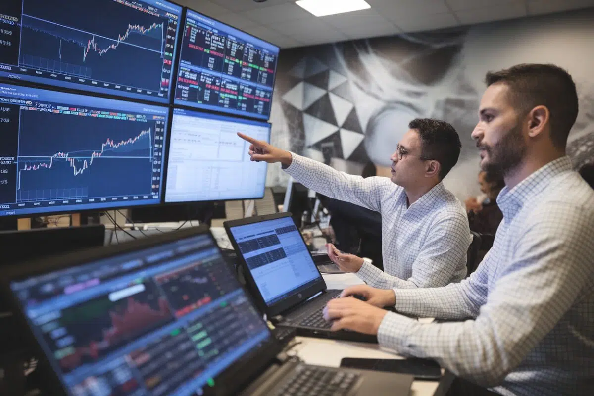 Analystes testant un agent IA de trading Deux analystes surveillent des écrans de marché crypto en salle de trading