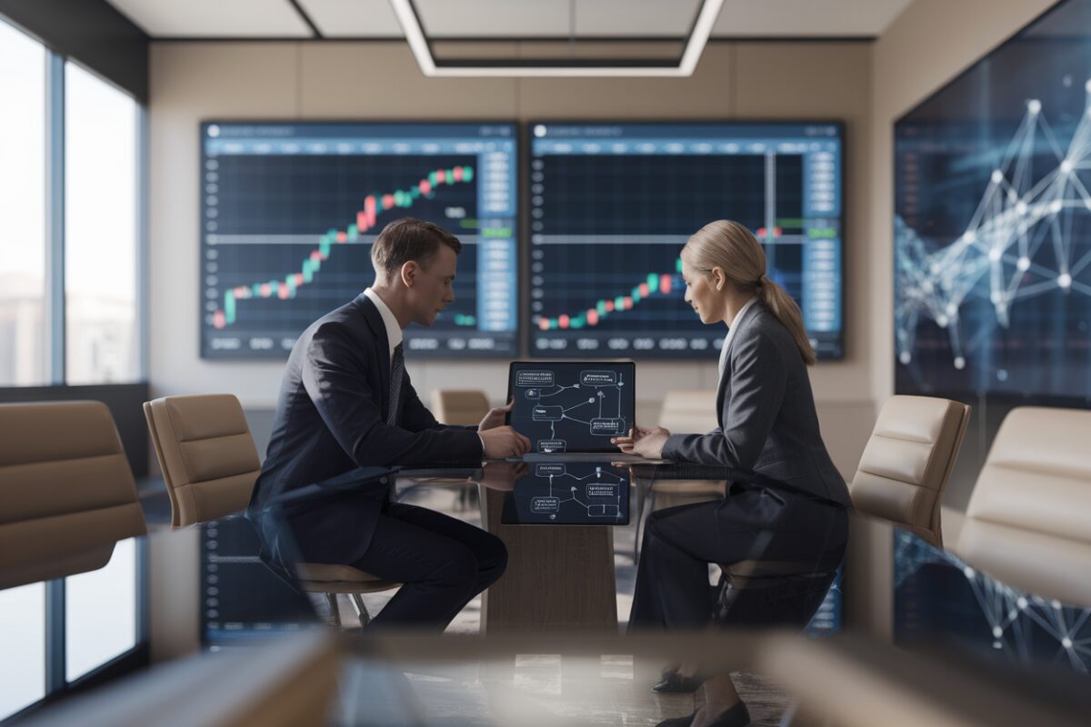 Des analystes bancaires étudient des services crypto dans une salle de marché