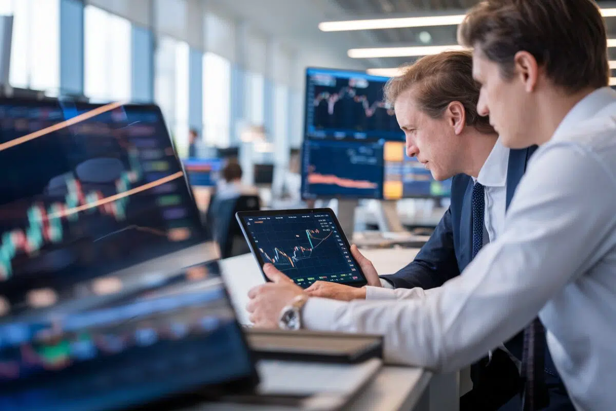Salle de marché et suivi crypto Deux professionnels analysent des graphiques crypto sur tablette en banque