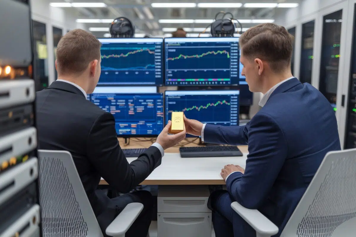 Comparaison or et Bitcoin en salle de marché Analystes comparent l’or et Bitcoin sur écrans en salle de marché