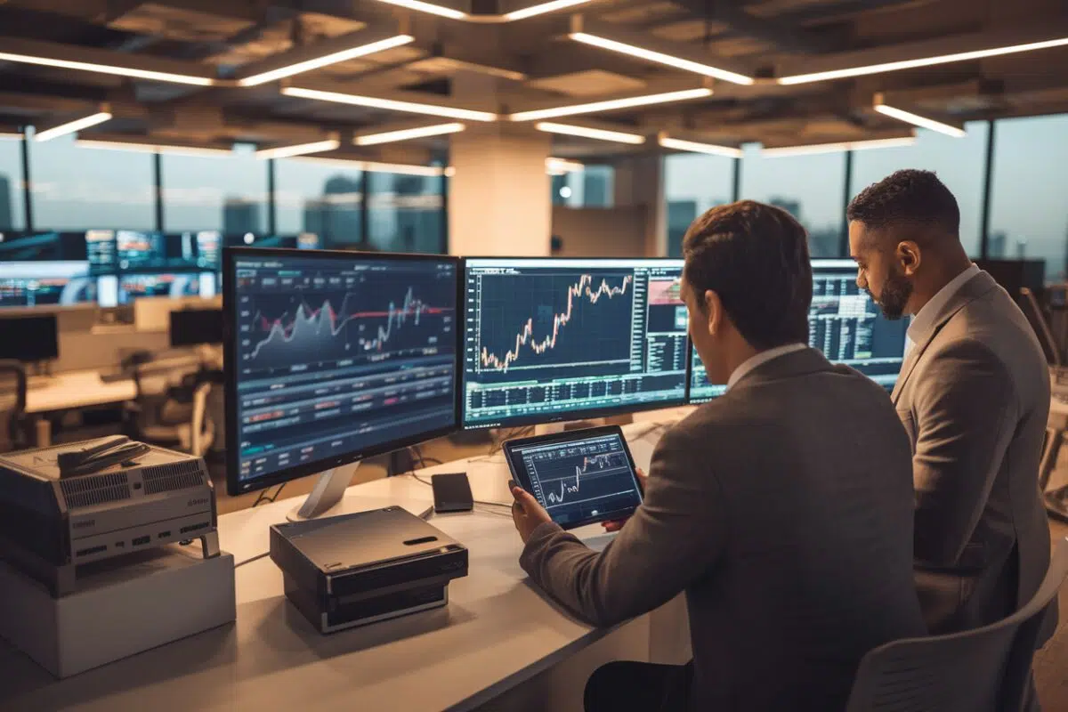 Conformité crypto en salle de marché Deux analystes conformité examinent des écrans de trading crypto à Dubaï
