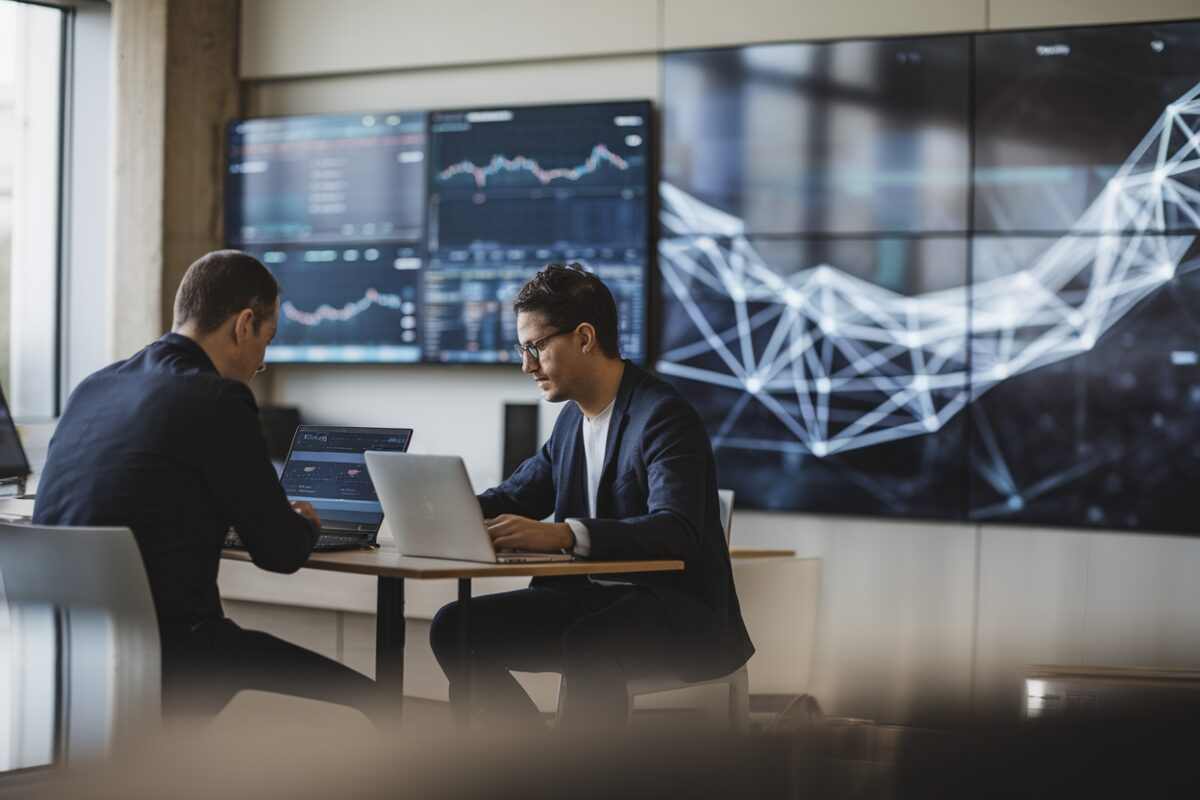 Réunion institutionnelle sur l’investissement IA Deux conseillers analysent un plan d’investissement IA sur ordinateur portable