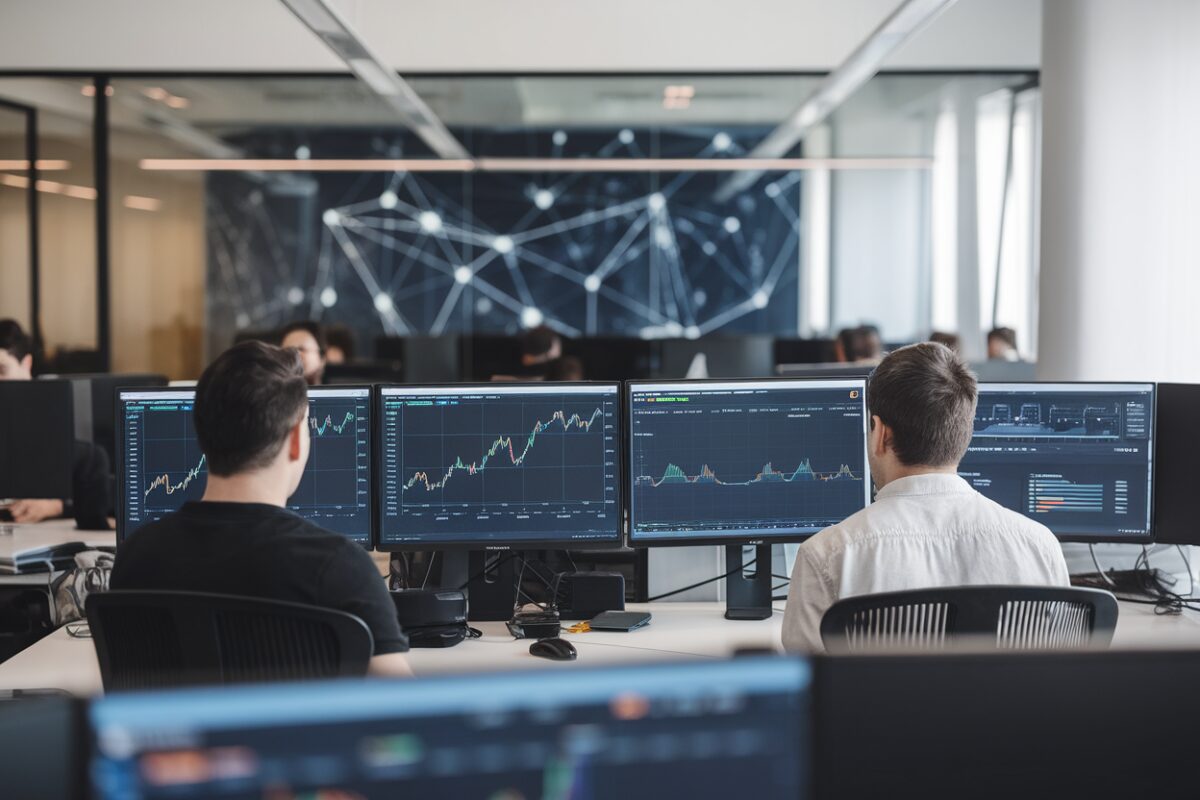 Meta et marchés prédictifs Analystes observent des graphiques de marchés prédictifs dans un bureau moderne