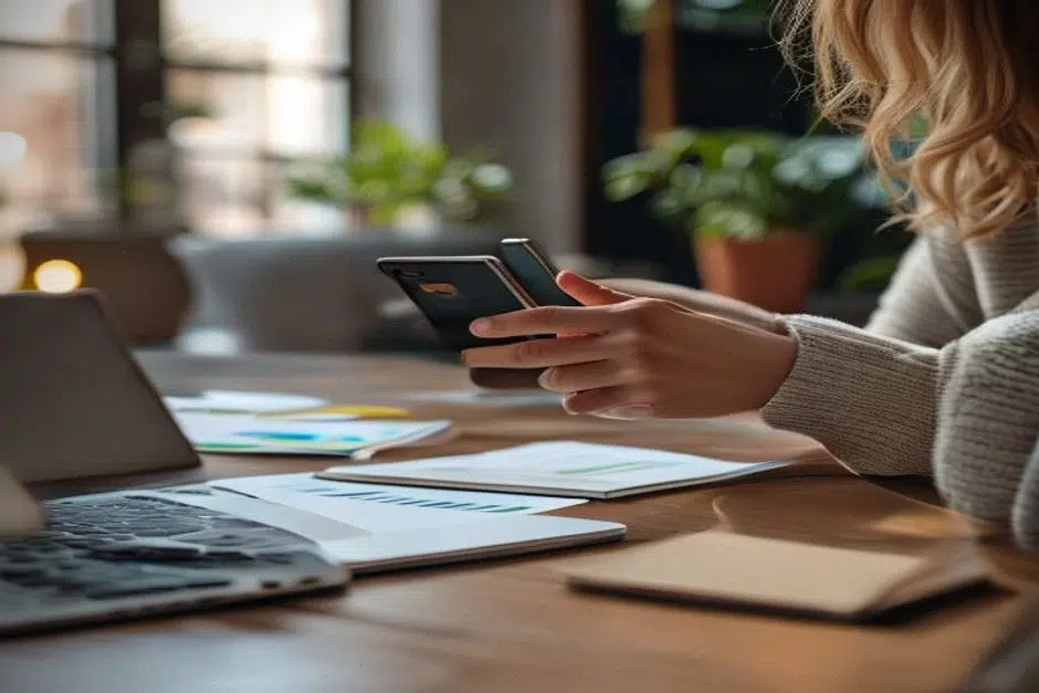 Utilisateur consultant un crypto vault sur smartphone en espace de travail moderne