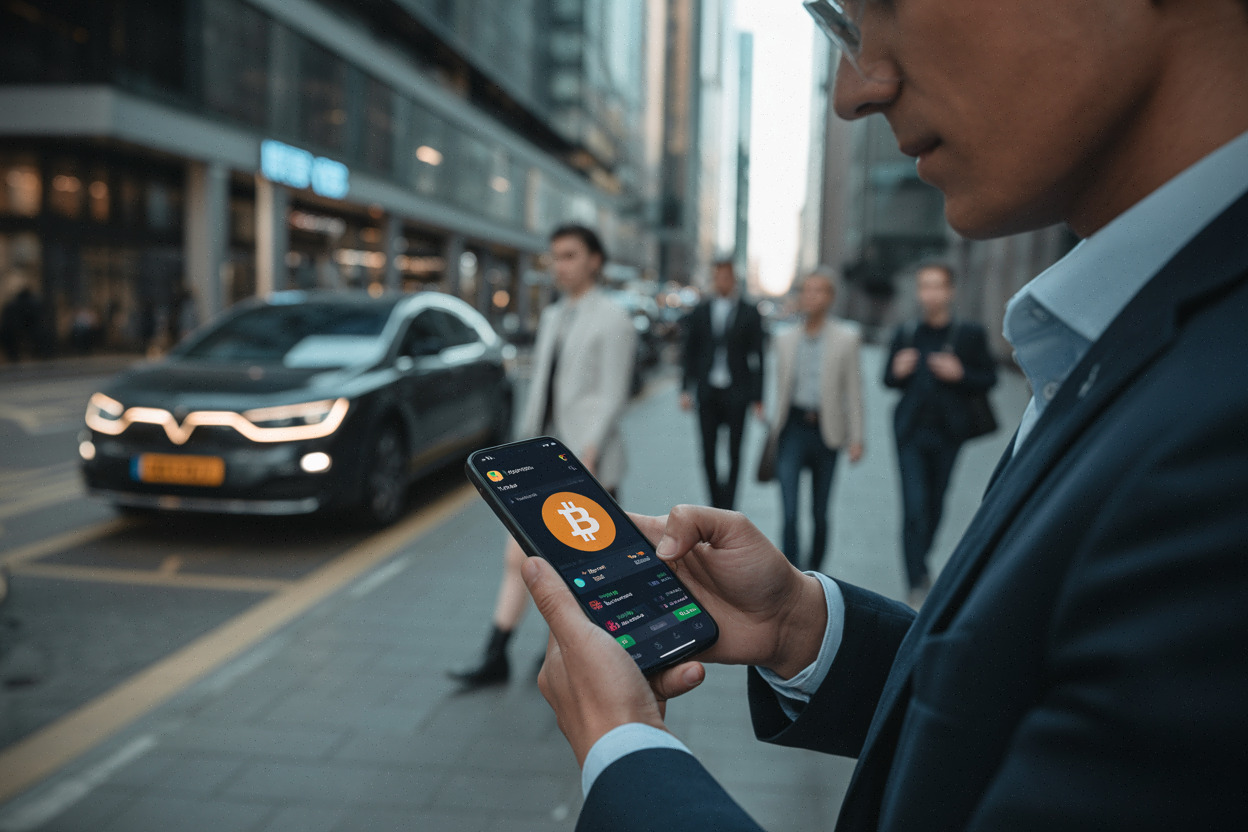 Investisseur consultant une appli de marché liée au Bitcoin en ville