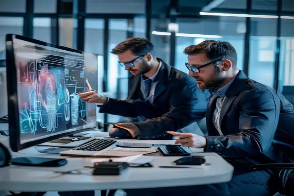 Enquêteurs pakistanais analysant une fraude crypto sur écran au bureau