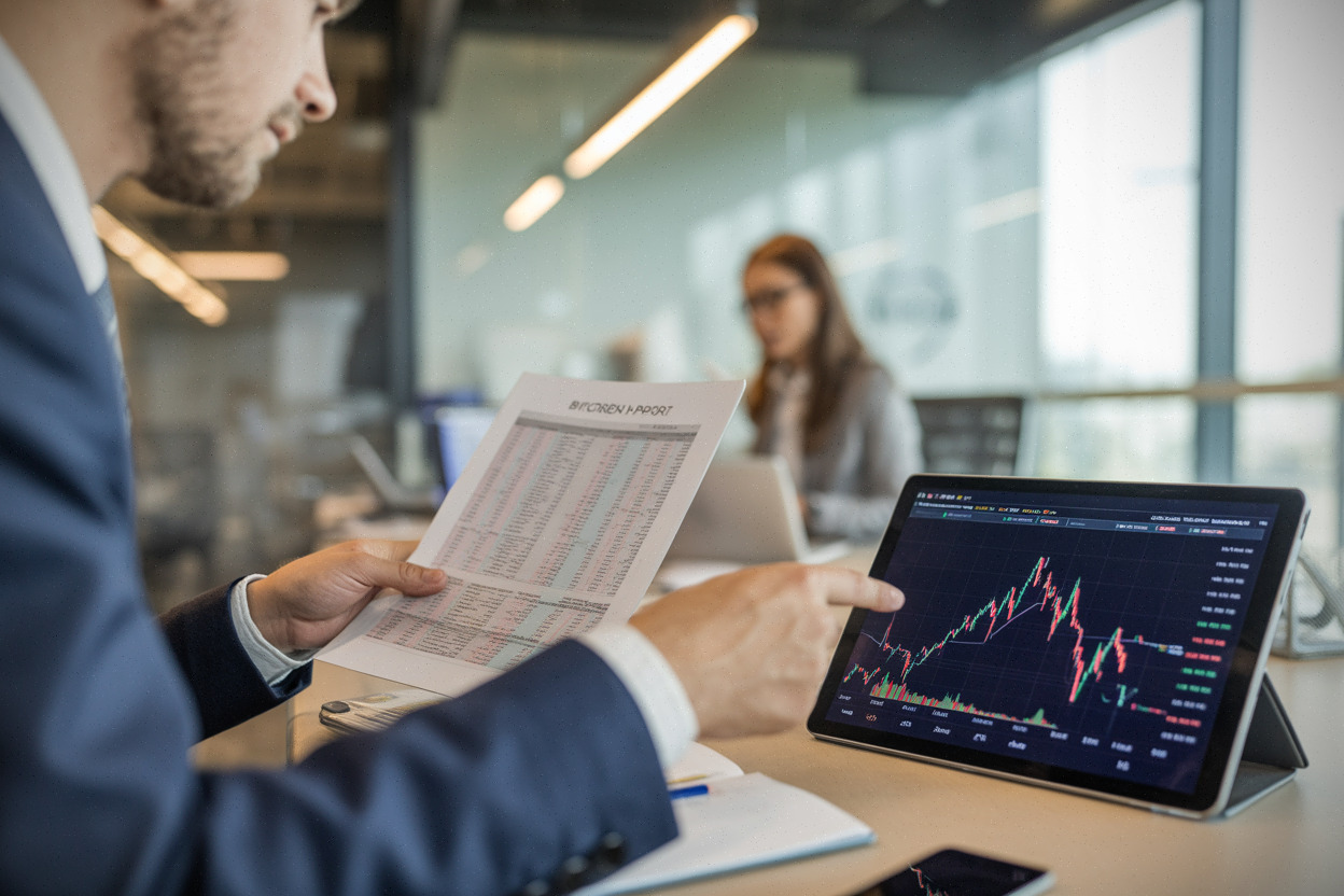 Analyste bancaire examinant un rapport sur Strategy et le Bitcoin