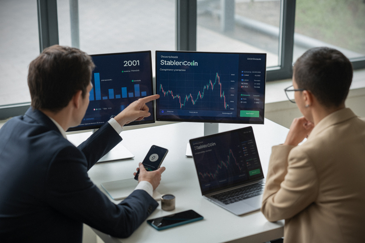 Équipe finance analysant stablecoins et conformité dans un bureau moderne