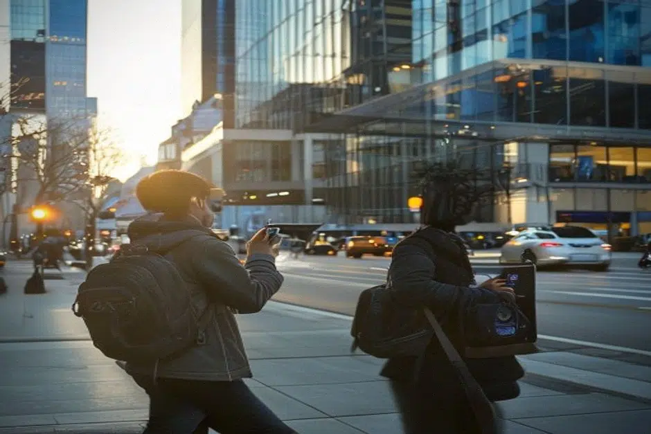 Investisseurs surveillant AVAX sur smartphone dans un quartier d’affaires moderne