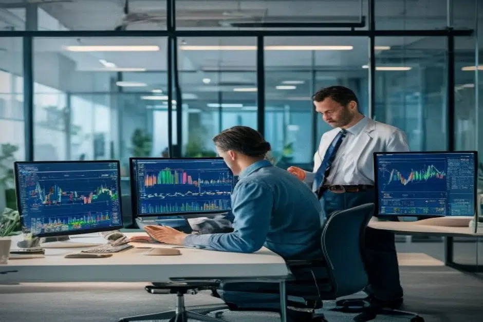 Analystes suivant une position bitcoin stable dans un bureau moderne.