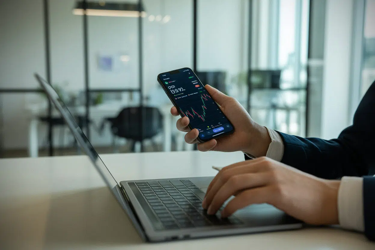 Trader suivant ZCash sur smartphone et ordinateur en espace moderne