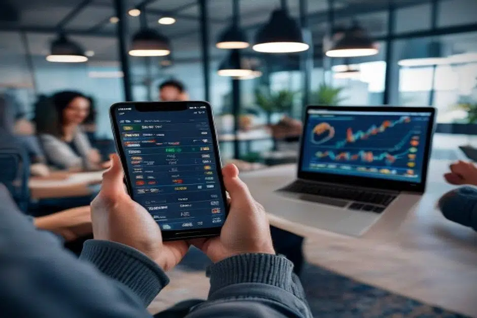 Actions tokenisées sur smartphone et ordinateur en espace de travail moderne