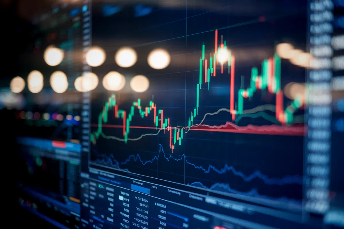 Cours de l'action SanDisk en forte hausse affiché sur des écrans de trading boursier