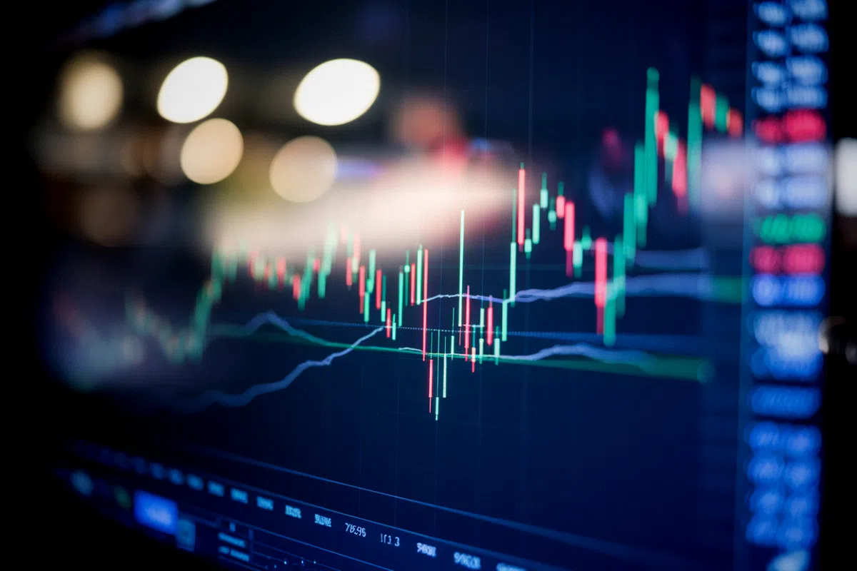 Cours de l'action SanDisk en forte hausse affiché sur des écrans de trading de semi-conducteurs