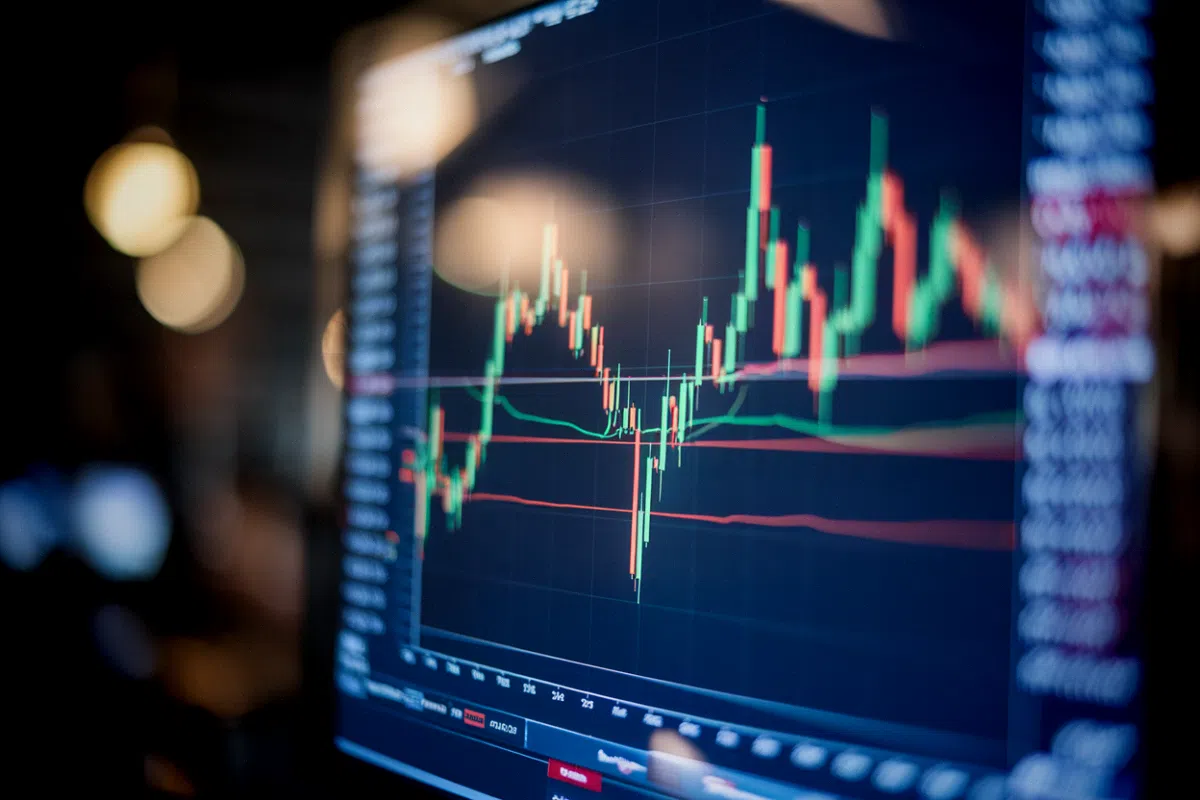 Graphique de la capitalisation des actions tokenisées en hausse affiché sur des écrans de trading crypto