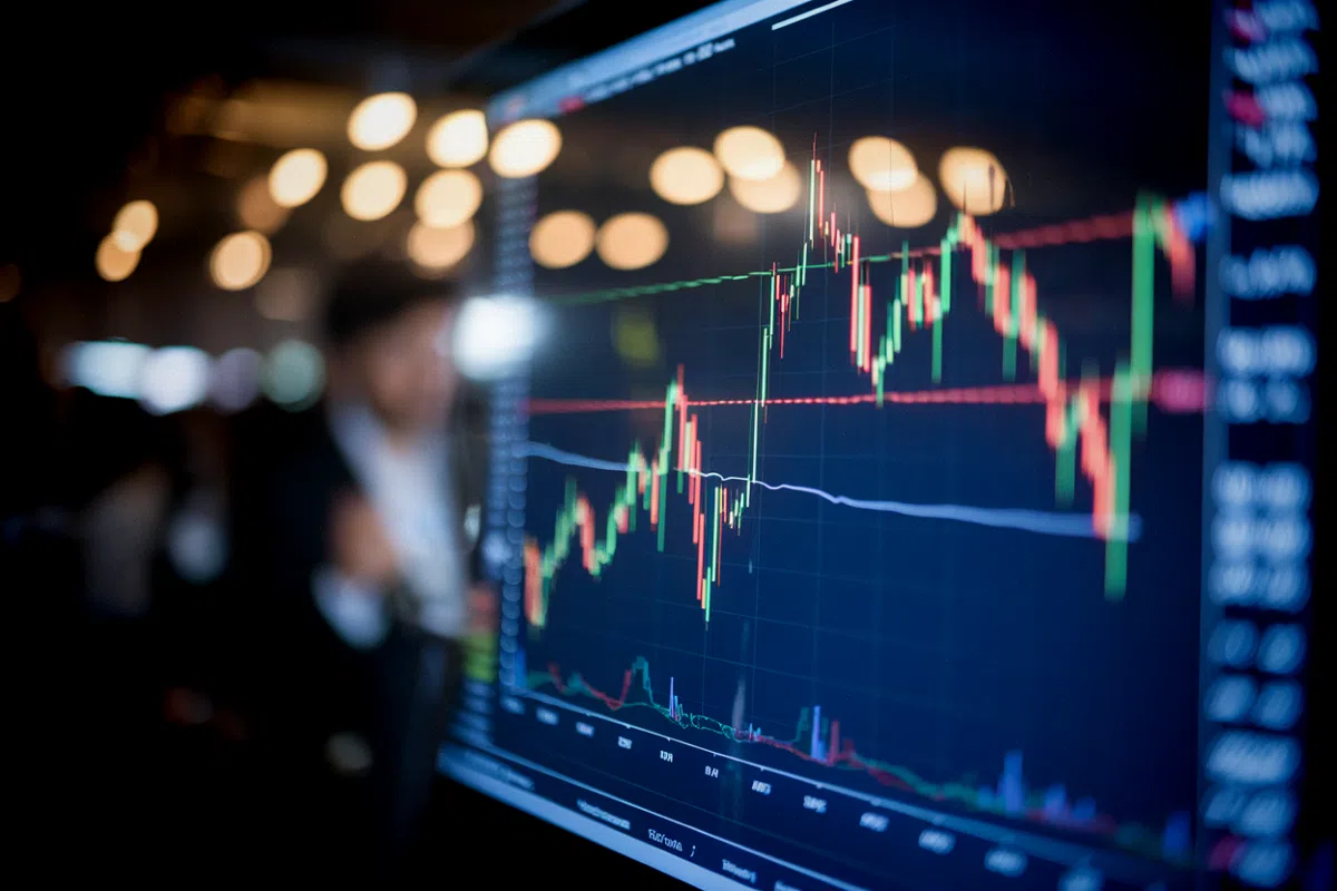 Écrans de trading crypto affichant volatilité et liquidations après l'effondrement d'une plateforme centralisée