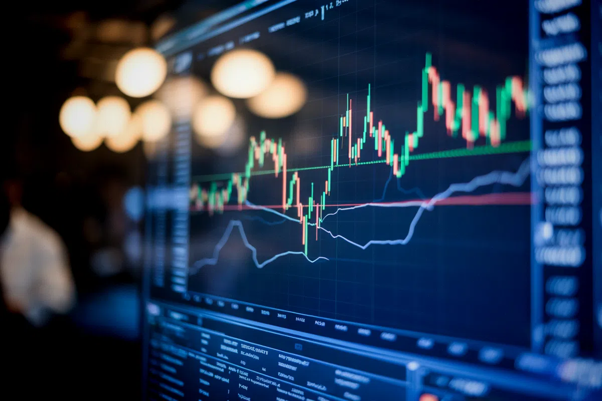 Guerre en Iran et bitcoin : ce que JPMorgan avait predit et pourquoi le scenario s'effondre Graphique du cours du bitcoin stable pendant la crise iranienne affiché sur des écrans de trading